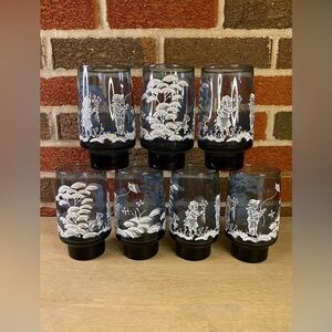 VTG Lot‎ 7 Mary Gregory 6 Smoke Blue Painted Fishing Boy & Girl Drinking Glasses
